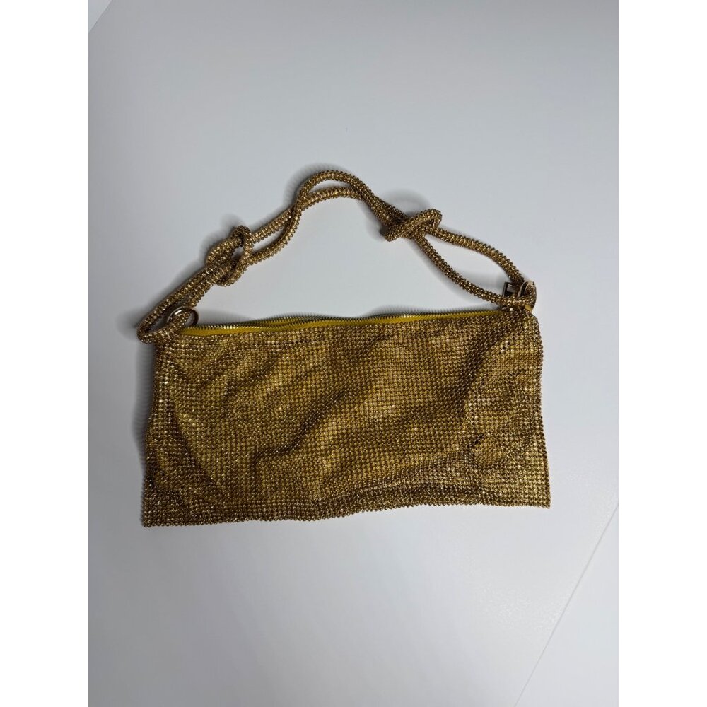 Gold Rhinestone Clutch Purse With Knot Handle & Zipper Closure Yellow Satin Inte